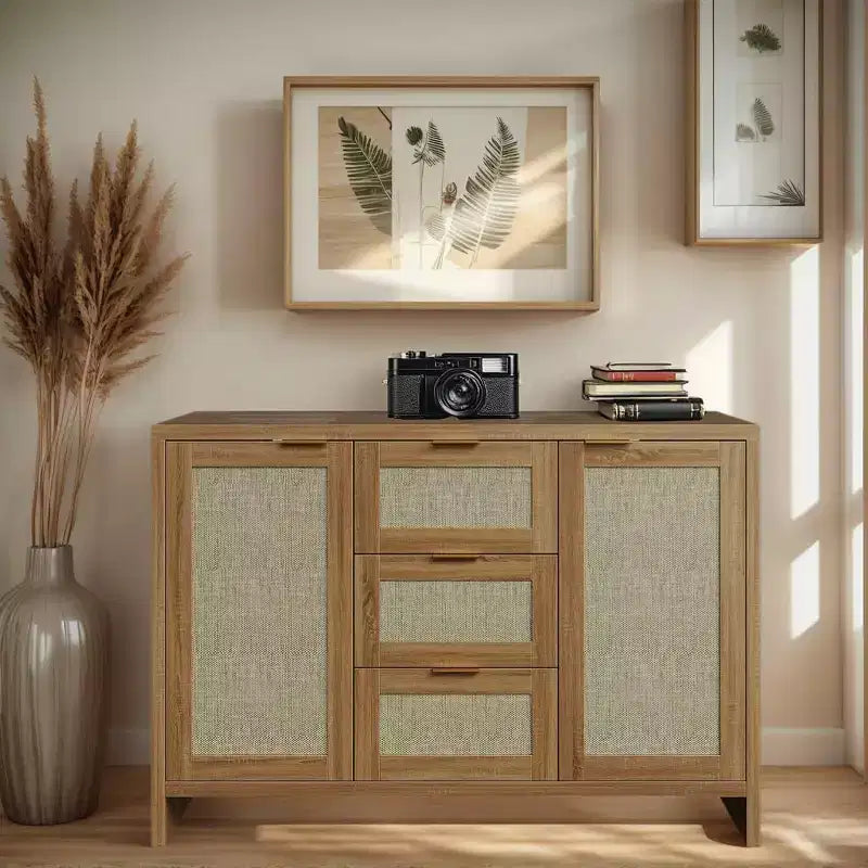 COZONY Credenza Moderna in Rattan, Madia 120 cm con Cassetti e Ante, Organizer Multifunzionale per la Casa 3 pz con 3 colli di spedizione