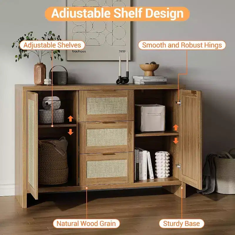 COZONY Credenza Moderna in Rattan, Madia 120 cm con Cassetti e Ante, Organizer Multifunzionale per la Casa 3 pz con 3 colli di spedizione