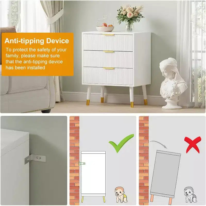 COZONY Cassettiera scanalata a 3 cassetti, Mobile contenitore moderno in legno, Comò da camera da letto con dispositivo antiribaltamento 2 pz con spedizione in 2 scatole
