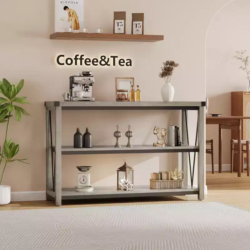 Tavolo Consolle Rustico, Tavolo da Ingresso Stretto Lungo 119 cm con Ripiani, Consolle in Legno a 3 Livelli per Soggiorno, Tavolini Sottili Dietro il Divano
