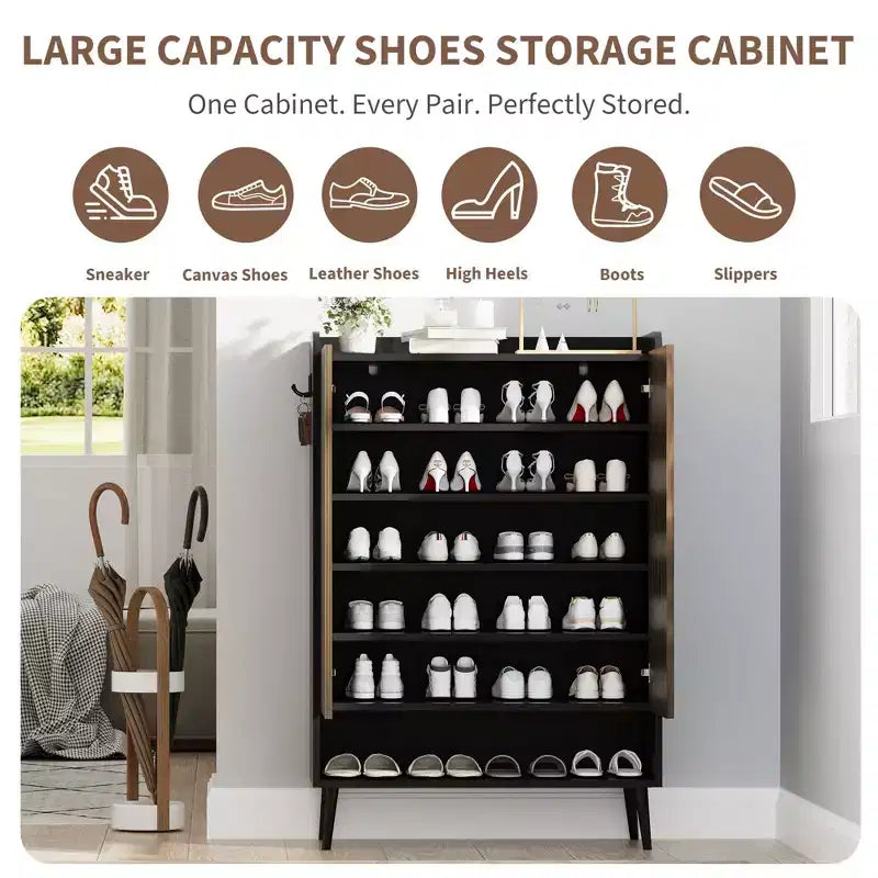 TruAIR Black Scarpiera a 6 Ripiani con 2 Ante - Grande Organizer per Scarpe da Ingresso e Soggiorno con Ganci