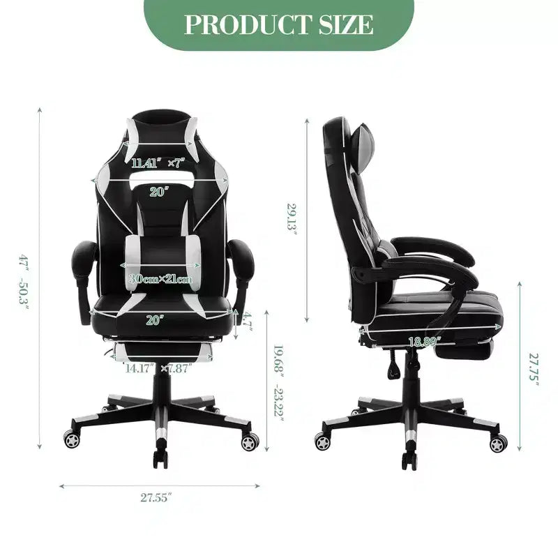 Sedia da gaming, Sedia da gaming con poggiapiedi e supporto lombare massaggiante, Design ergonomico, Poltrona reclinabile in pelle PU con schienale alto e poggiatesta, Rotazione a 360°