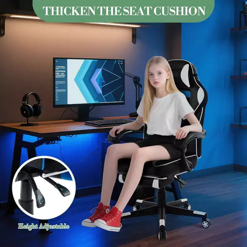 Sedia da gaming, Sedia da gaming con poggiapiedi e supporto lombare massaggiante, Design ergonomico, Poltrona reclinabile in pelle PU con schienale alto e poggiatesta, Rotazione a 360°