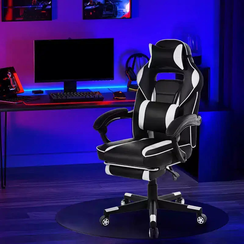 Sedia da gaming, Sedia da gaming con poggiapiedi e supporto lombare massaggiante, Design ergonomico, Poltrona reclinabile in pelle PU con schienale alto e poggiatesta, Rotazione a 360°