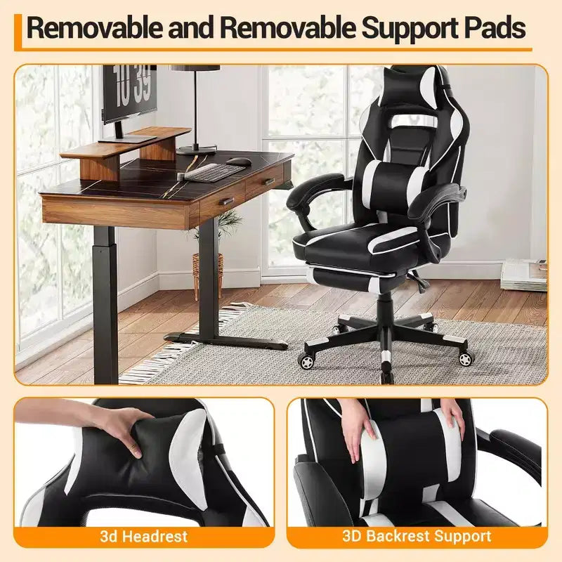 Sedia da gaming, Sedia da gaming con poggiapiedi e supporto lombare massaggiante, Design ergonomico, Poltrona reclinabile in pelle PU con schienale alto e poggiatesta, Rotazione a 360°