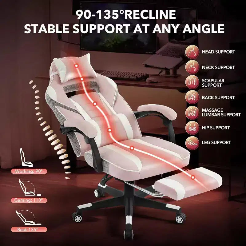 Sedia da gaming, Sedia da gaming con poggiapiedi e supporto lombare massaggiante, Design ergonomico, Poltrona reclinabile in pelle PU con schienale alto e poggiatesta, Rotazione a 360°