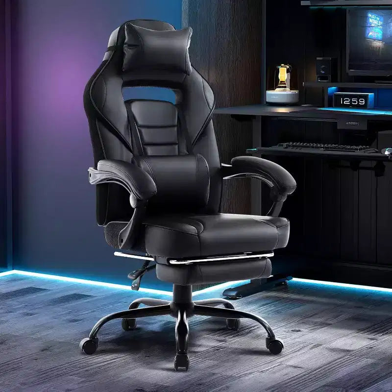 Sedia da gaming, Sedia da gaming con poggiapiedi e supporto lombare massaggiante, Design ergonomico, Poltrona reclinabile in pelle PU con schienale alto e poggiatesta, Rotazione a 360°
