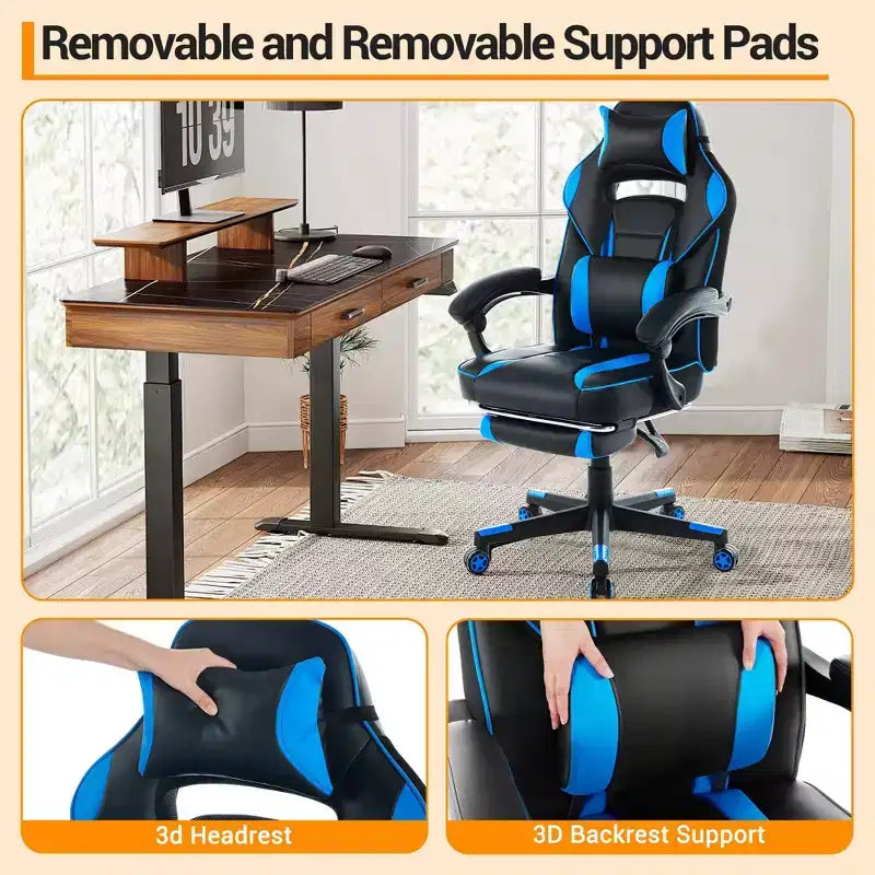 Sedia da gaming, Sedia da gaming con poggiapiedi e supporto lombare massaggiante, Design ergonomico, Poltrona reclinabile in pelle PU con schienale alto e poggiatesta, Rotazione a 360°