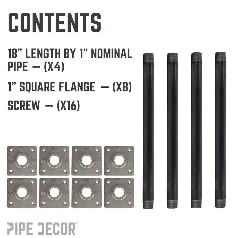 Pipe Decor 1 poll. x 18 poll. Gambe del tavolo a tubo con flangia quadrata - Confezione da 4