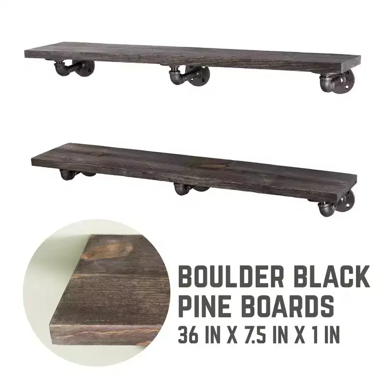 RESTORE Mensole Nere Boulder da 36 pollici con Staffe a L di Pipe Decor