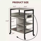 Carrello Porta Stampante a 3 Livelli con Contenitore e Stazione di Ricarica, Carrello Mobile per Stampante con 4 Prese e 2 Porte USB, Organizer Multilivello per l'Ufficio Domestico