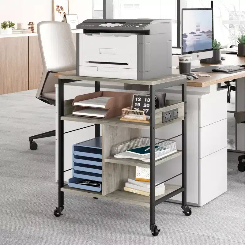 Carrello Porta Stampante a 3 Livelli con Contenitore e Stazione di Ricarica, Carrello Mobile per Stampante con 4 Prese e 2 Porte USB, Organizer Multilivello per l'Ufficio Domestico