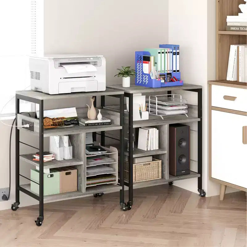 Carrello Porta Stampante a 3 Livelli con Contenitore e Stazione di Ricarica, Carrello Mobile per Stampante con 4 Prese e 2 Porte USB, Organizer Multilivello per l'Ufficio Domestico