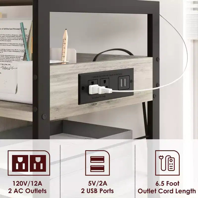 Carrello Porta Stampante a 3 Livelli con Contenitore e Stazione di Ricarica, Carrello Mobile per Stampante con 4 Prese e 2 Porte USB, Organizer Multilivello per l'Ufficio Domestico