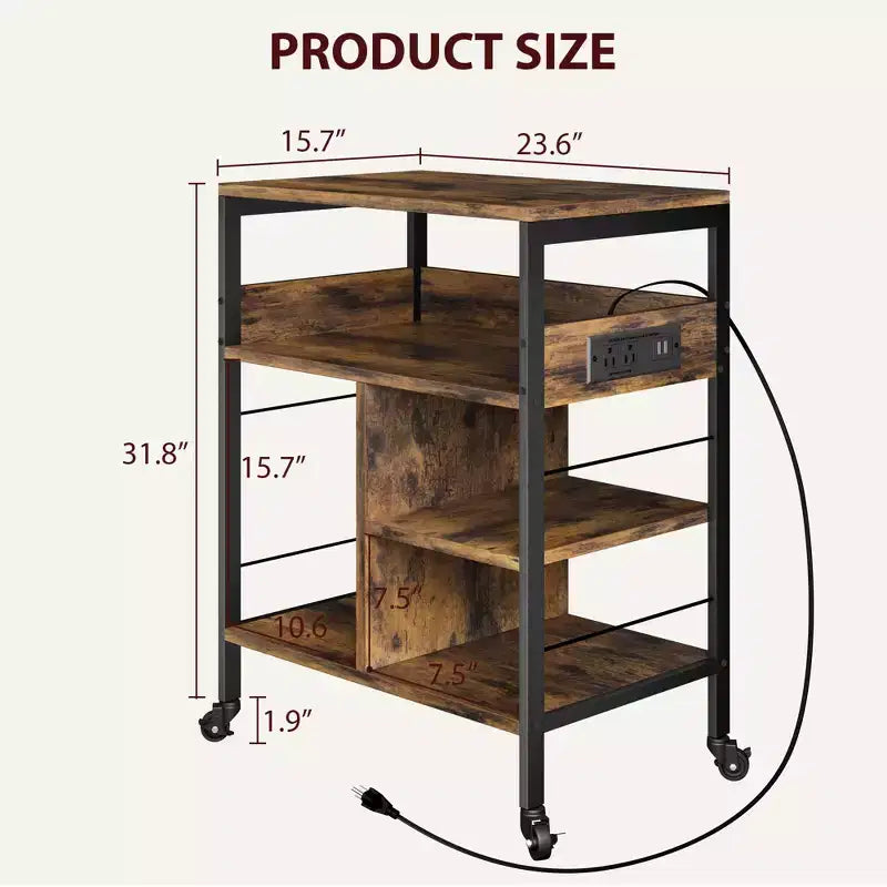 Carrello Porta Stampante a 3 Livelli con Contenitore e Stazione di Ricarica, Carrello Mobile per Stampante con 4 Prese e 2 Porte USB, Organizer Multilivello per l'Ufficio Domestico