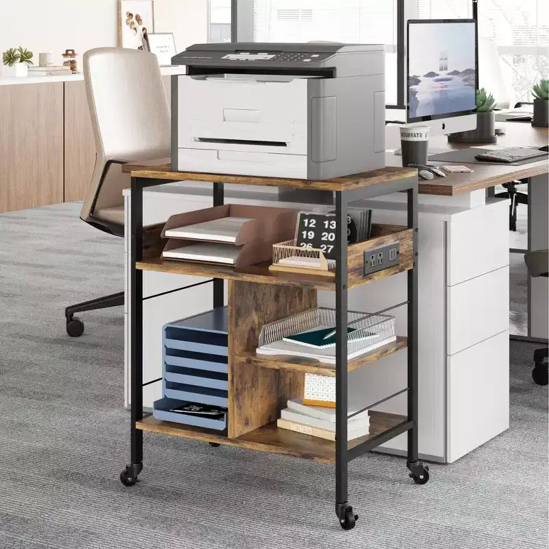 Carrello Porta Stampante a 3 Livelli con Contenitore e Stazione di Ricarica, Carrello Mobile per Stampante con 4 Prese e 2 Porte USB, Organizer Multilivello per l'Ufficio Domestico
