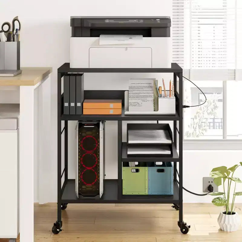 Carrello Porta Stampante a 3 Livelli con Contenitore e Stazione di Ricarica, Carrello Mobile per Stampante con 4 Prese e 2 Porte USB, Organizer Multilivello per l'Ufficio Domestico