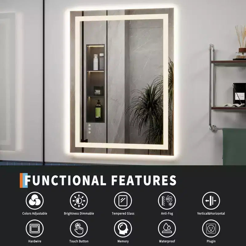Specchio da bagno, specchio da parete senza cornice con luci anti-appannamento e dimmerabili