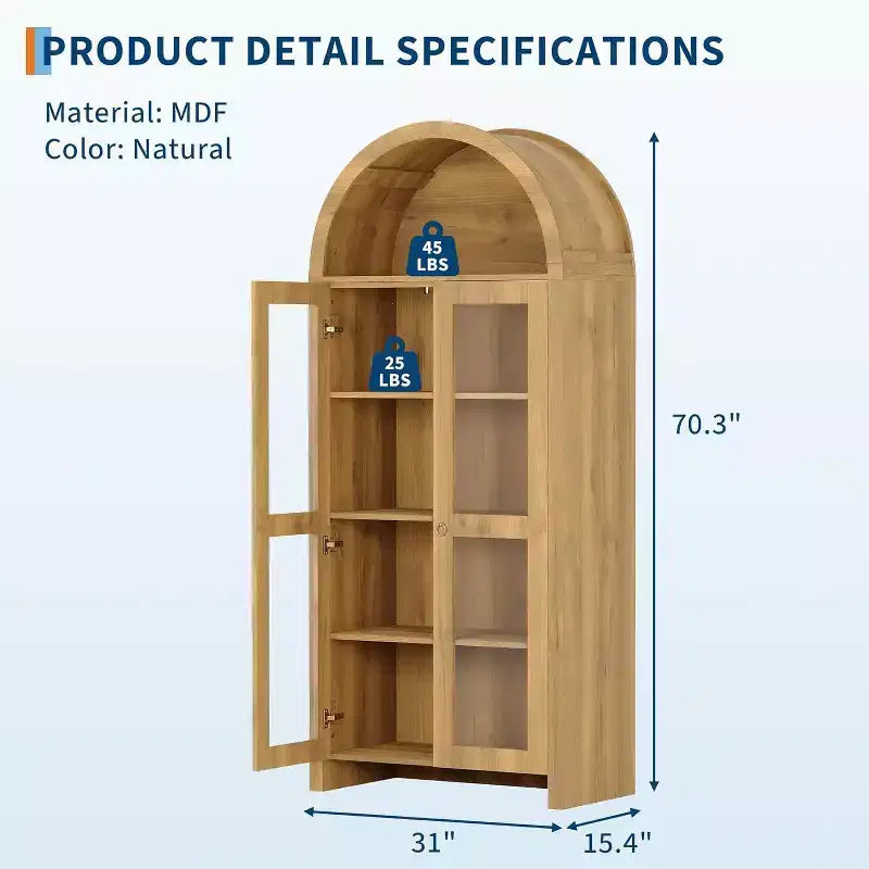COZONY Vetrinetta ad arco alta 70 con ante in acrilico trasparente, 5 ripiani regolabili, Credenza in legno con spazio per riporre oggetti per cucina, sala da pranzo, rovere