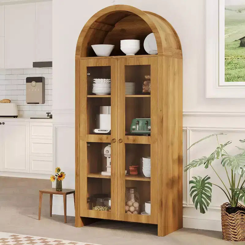 COZONY Vetrinetta ad arco alta 70 con ante in acrilico trasparente, 5 ripiani regolabili, Credenza in legno con spazio per riporre oggetti per cucina, sala da pranzo, rovere