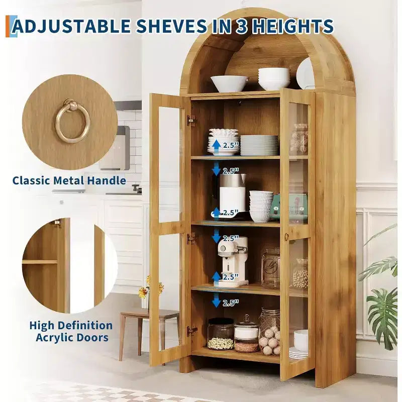 COZONY Vetrinetta ad arco alta 70 con ante in acrilico trasparente, 5 ripiani regolabili, Credenza in legno con spazio per riporre oggetti per cucina, sala da pranzo, rovere