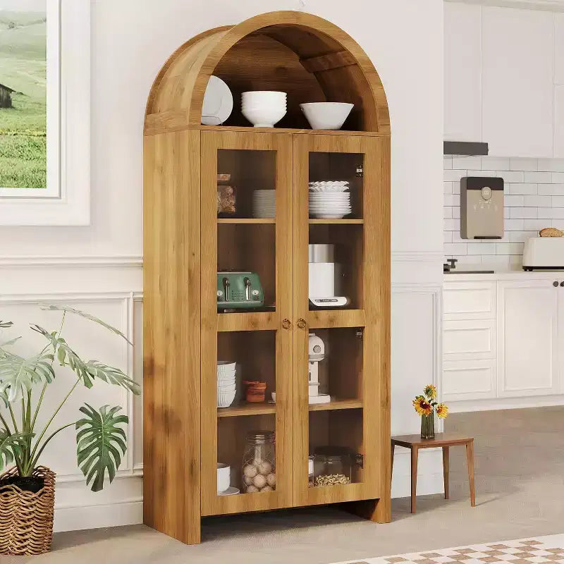 COZONY Vetrinetta ad arco alta 70 con ante in acrilico trasparente, 5 ripiani regolabili, Credenza in legno con spazio per riporre oggetti per cucina, sala da pranzo, rovere