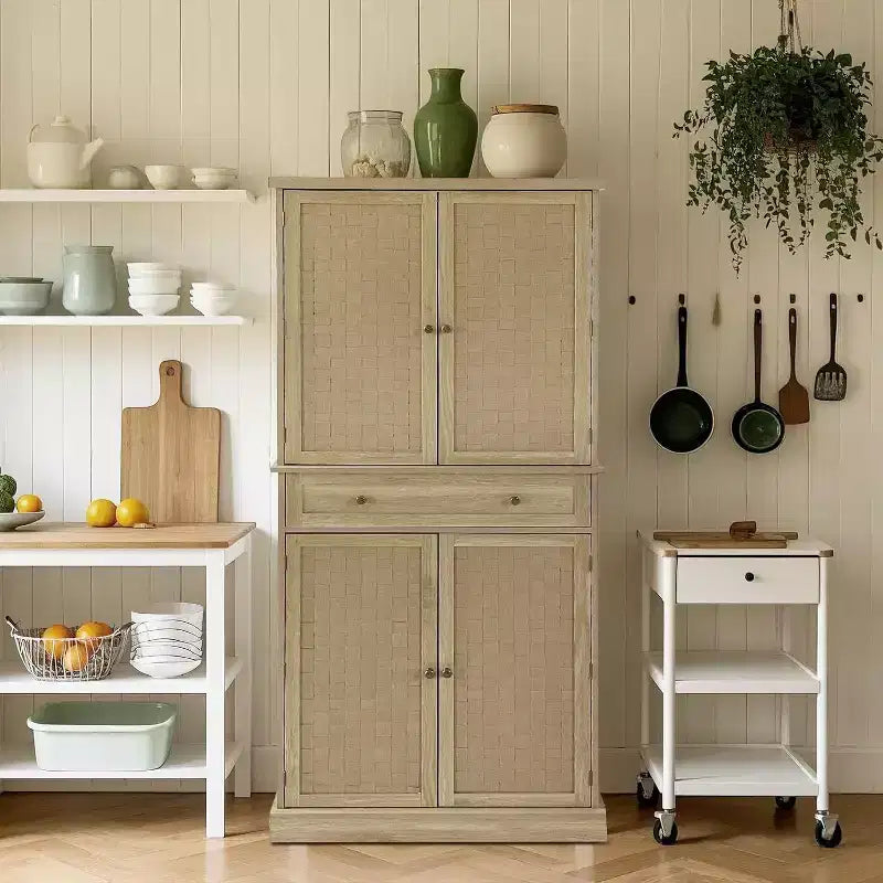 72 in Tall Farmhouse Kitchen Pantry Cabinet, 4 Door Narrow Wooden Cupboard with a Drawer, 4 Adjustable Shelves, for Home, Natural