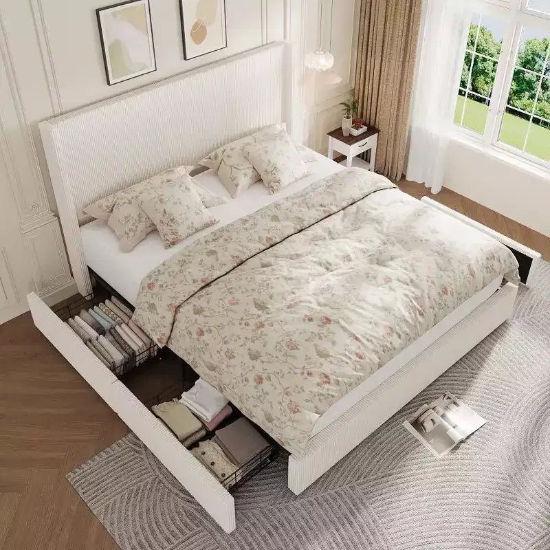 Acekool Letto contenitore imbottito in velluto a coste con cassetti, Struttura letto moderna a piattaforma