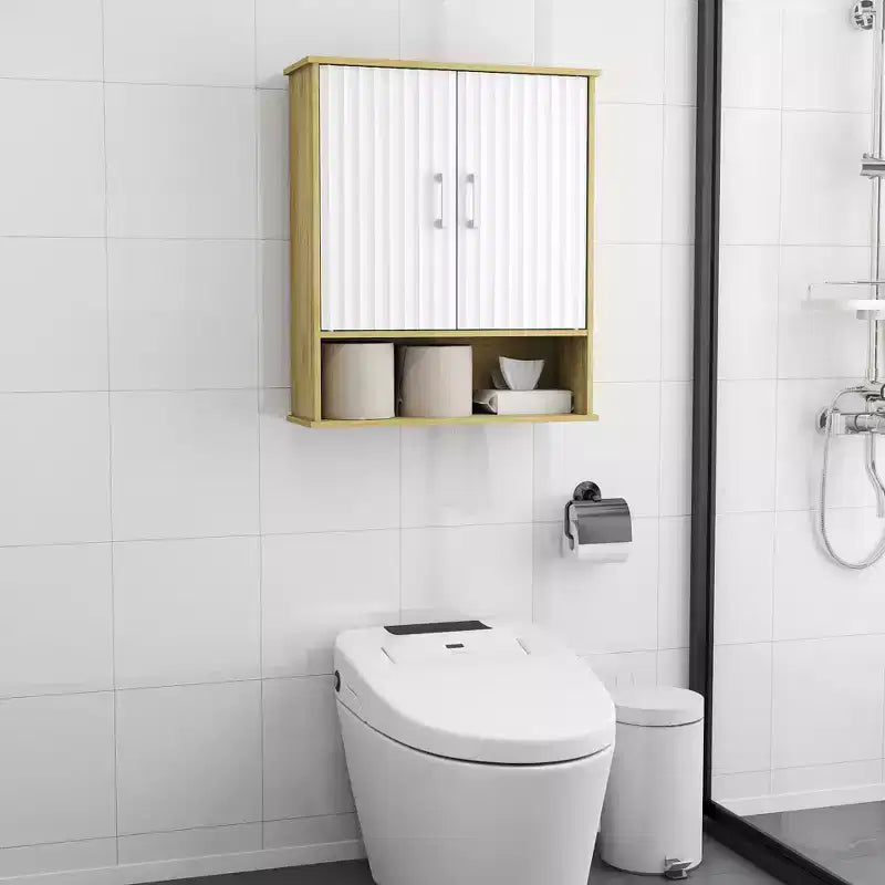 Pensile da bagno scanalato con 2 ante e ripiano regolabile, moderno armadietto dei medicinali, pensili da cucina a 3 livelli, armadietto da parete sopra il WC