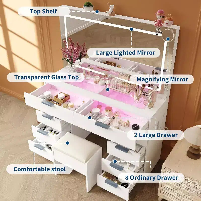 Toeletta con specchio grande e luci, set tavolo da trucco con piano in vetro, presa di corrente, sgabello, tavolo da trucco per camera da letto