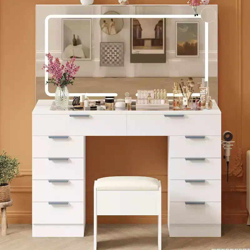 Toeletta con specchio grande e luci, set tavolo da trucco con piano in vetro, presa di corrente, sgabello, tavolo da trucco per camera da letto