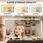 Toeletta con specchio grande e luci, set tavolo da trucco con piano in vetro, presa di corrente, sgabello, tavolo da trucco per camera da letto