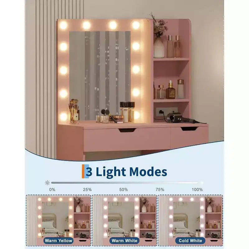 Toeletta con Specchio e Luci - Scrivania da Trucco con 4 Cassetti, Presa di Corrente Integrata, Illuminazione LED Regolabile, per Camera da Letto