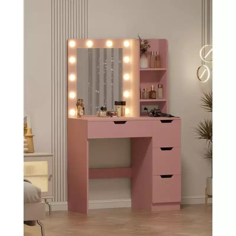 Toeletta con Specchio e Luci - Scrivania da Trucco con 4 Cassetti, Presa di Corrente Integrata, Illuminazione LED Regolabile, per Camera da Letto