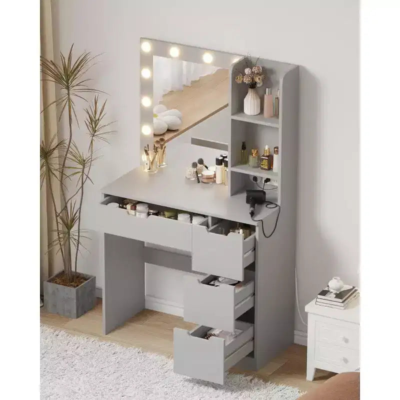 Toeletta con Specchio e Luci - Scrivania da Trucco con 4 Cassetti, Presa di Corrente Integrata, Illuminazione LED Regolabile, per Camera da Letto