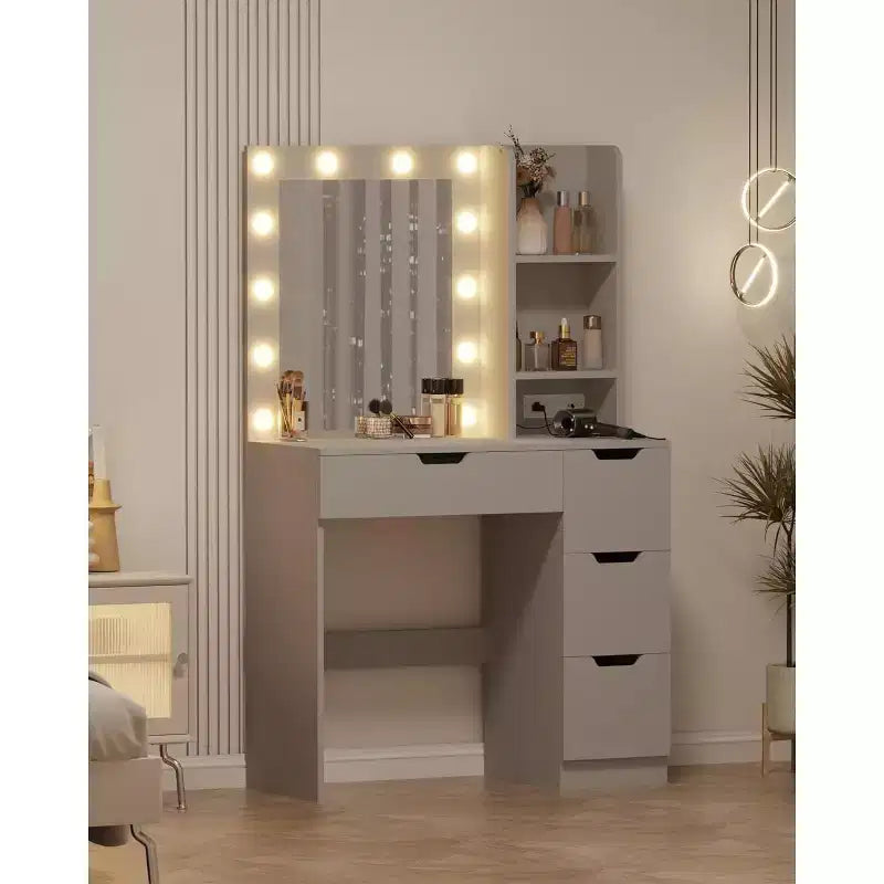 Toeletta con Specchio e Luci - Scrivania da Trucco con 4 Cassetti, Presa di Corrente Integrata, Illuminazione LED Regolabile, per Camera da Letto