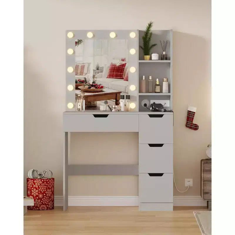 Toeletta con Specchio e Luci - Scrivania da Trucco con 4 Cassetti, Presa di Corrente Integrata, Illuminazione LED Regolabile, per Camera da Letto