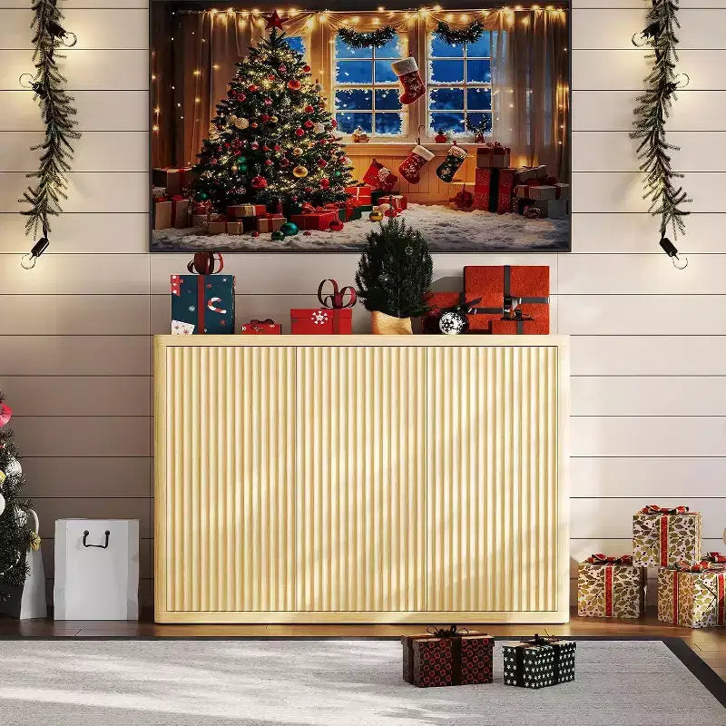Mobile Credenza in Legno 46,7 con Ante, Madia Moderna Scanalata con Ripiani Regolabili e 3 Porte, Mobile Bar per Casa Naturale