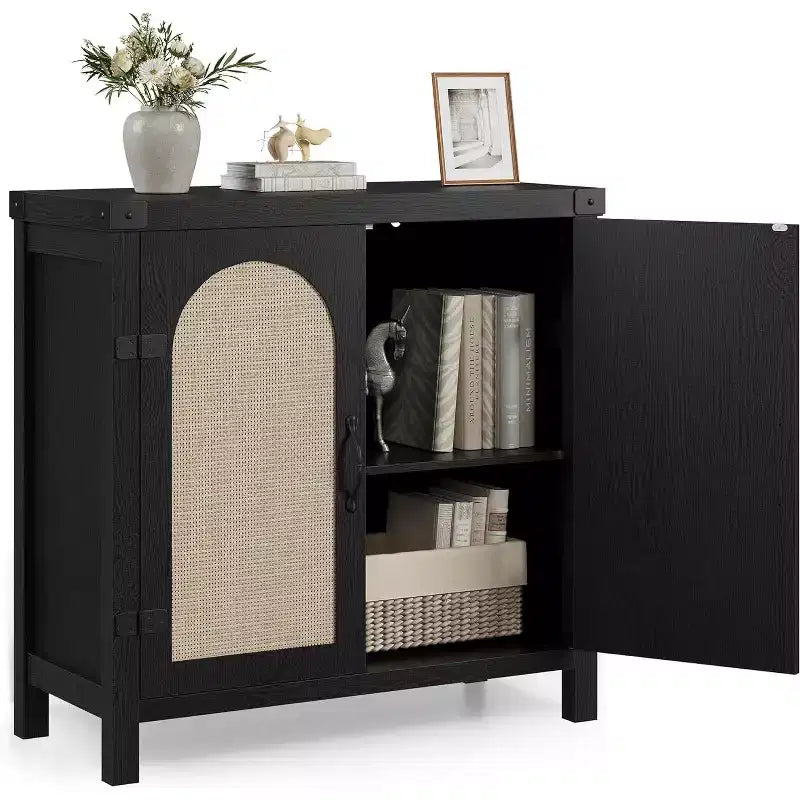 Mobile buffet in rattan con contenitore, Credenza con ante in rattan sintetico, Ripiani regolabili per soggiorno, sala da pranzo, corridoio, Nero