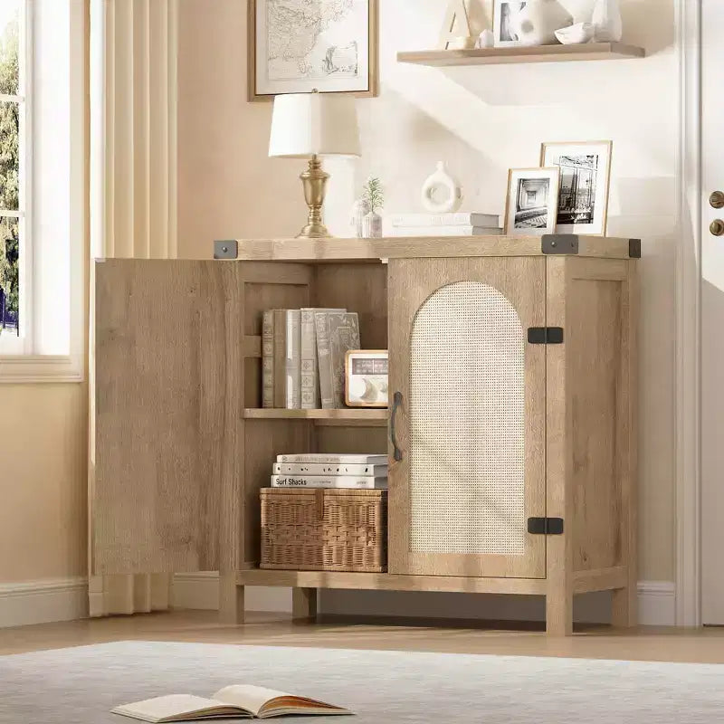 Mobile buffet in rattan con contenitore, Credenza con ante in rattan sintetico, Ripiani regolabili per soggiorno, sala da pranzo, corridoio, Nero