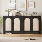 Rattan Buffet Cabinet with Storage, Sideboard with Synthetic Rattan-Accent Doors, Adjustable Shelves for Living Room Dining Room Hallway, Black