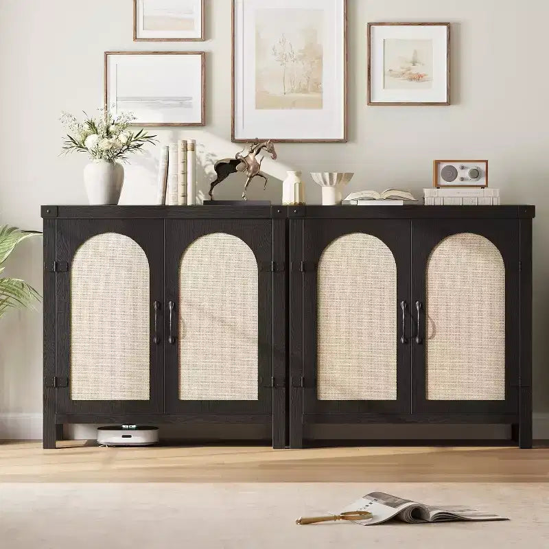 Rattan Buffet Cabinet with Storage, Sideboard with Synthetic Rattan-Accent Doors, Adjustable Shelves for Living Room Dining Room Hallway, Black