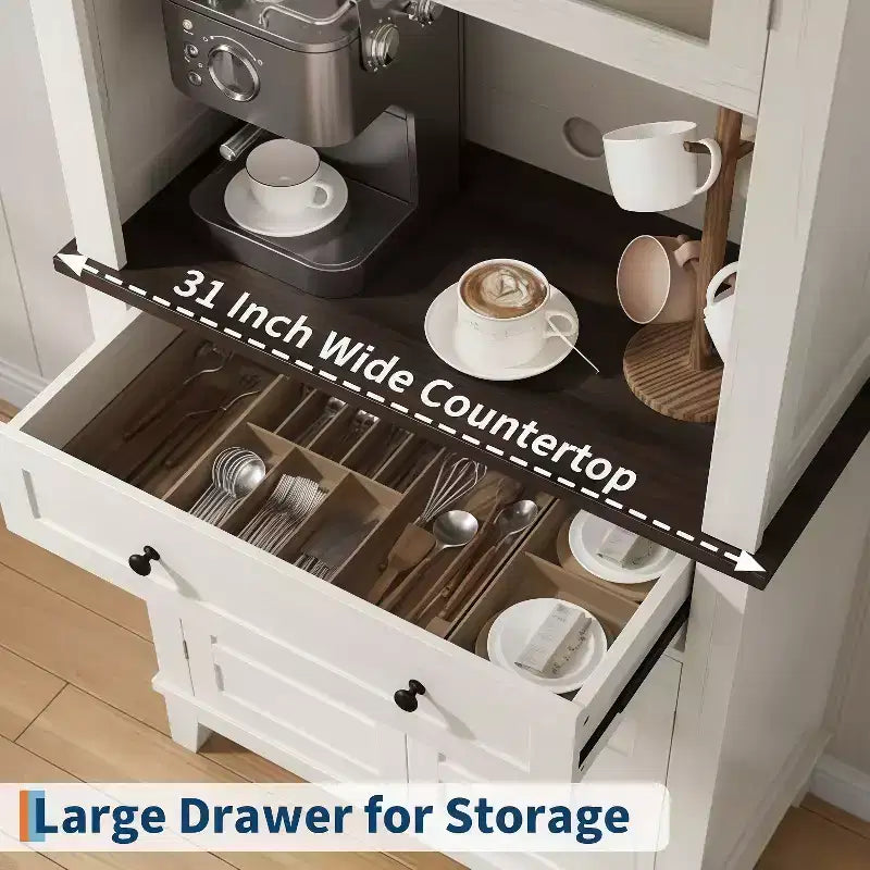 GustoWave 72 Tall Kitchen Bar Cabinet Hutch con 4 Ante in Vetro e 1 Cassetto, Credenza Moderna in Legno per Cucina o Caffè con Ampio Spazio Contenitore, Bianco