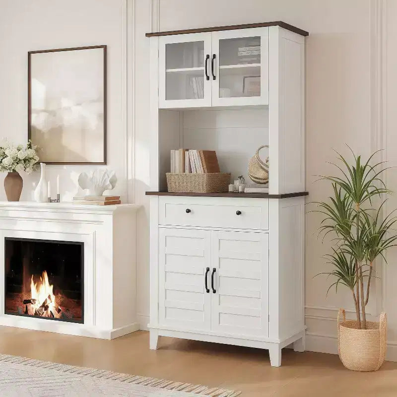 GustoWave 72 Tall Kitchen Bar Cabinet Hutch con 4 Ante in Vetro e 1 Cassetto, Credenza Moderna in Legno per Cucina o Caffè con Ampio Spazio Contenitore, Bianco
