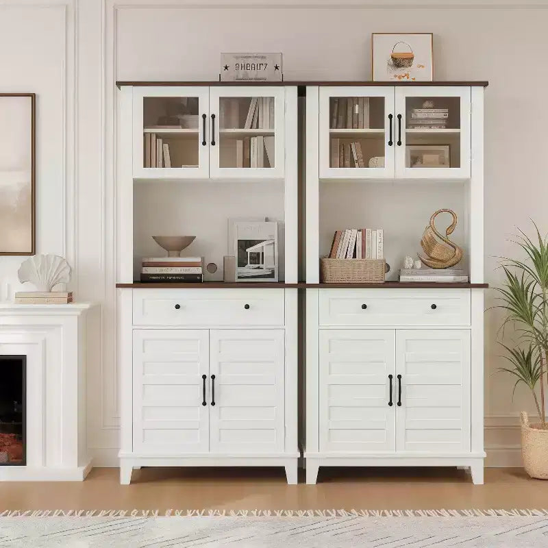 GustoWave 72 Tall Kitchen Bar Cabinet Hutch con 4 Ante in Vetro e 1 Cassetto, Credenza Moderna in Legno per Cucina o Caffè con Ampio Spazio Contenitore, Bianco
