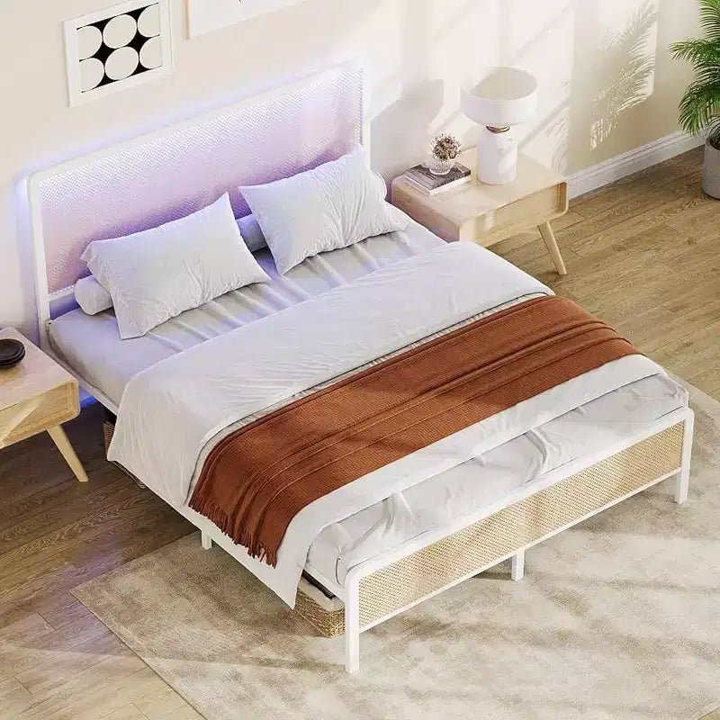 Struttura letto in rattan - Testiera bohémien con doghe in acciaio, silenzioso, non necessita di rete a molle