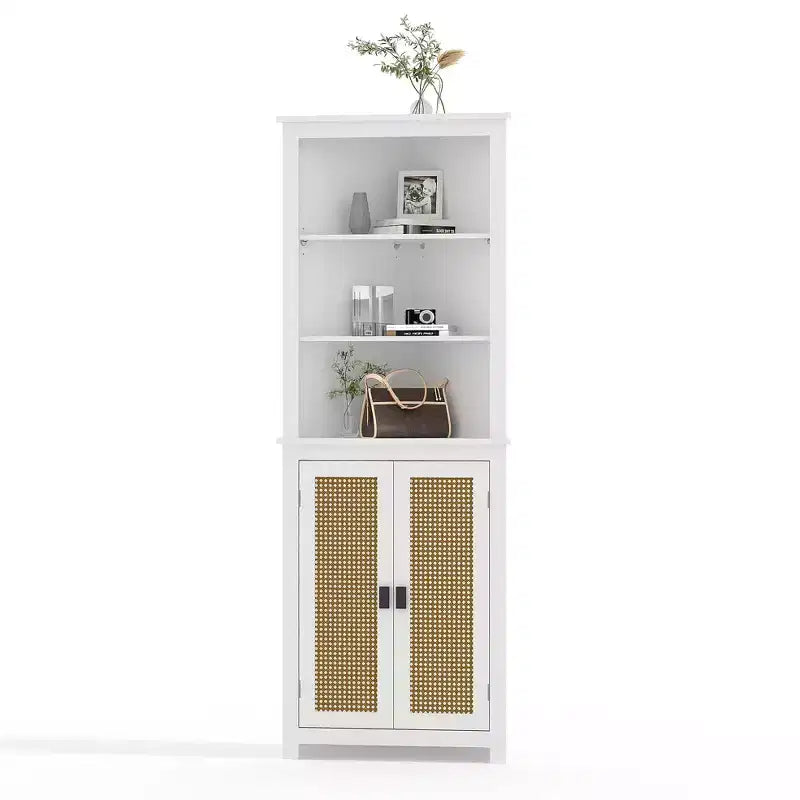 GustoWave 64 Mobile angolare alto da fattoria con 2 ante a scomparsa, credenza con ripiani regolabili, mobile contenitore da fattoria, bianco