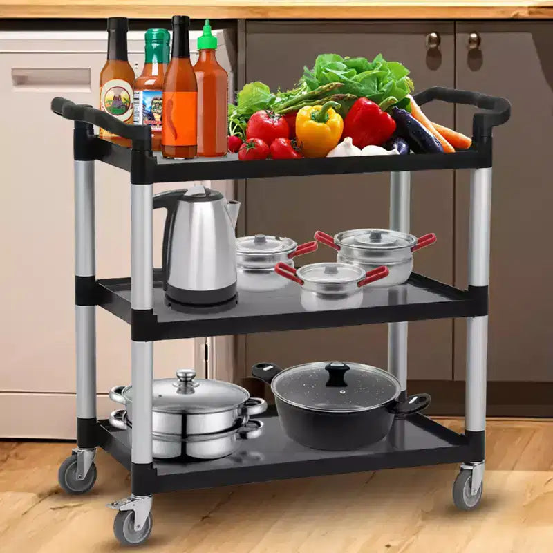 Carrello di servizio multiuso con ruota freno, carrello di servizio mobile resistente da 3 ripiani con capacità di 360 libbre e ruote girevoli a 360°, carrello per alimenti per ristoranti