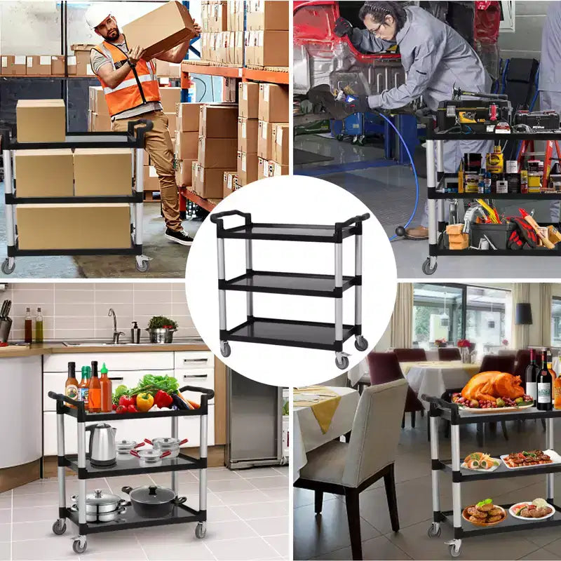 Carrello di servizio multiuso con ruota freno, carrello di servizio mobile resistente da 3 ripiani con capacità di 360 libbre e ruote girevoli a 360°, carrello per alimenti per ristoranti