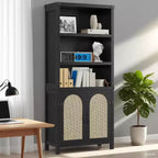 Libreria Alta a 5 Ripiani con Ante, Armadietto e Libreria per Soggiorno o Ufficio, Scaffali in Legno con Design in Rattan